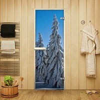 Стеклянная дверь для сауны и бани Зимний лес